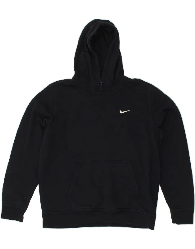 NIKE Mens Hoodie Jumper Large Navy Blue Cotton Hoodie with Hem Frayed Vintage Worn
