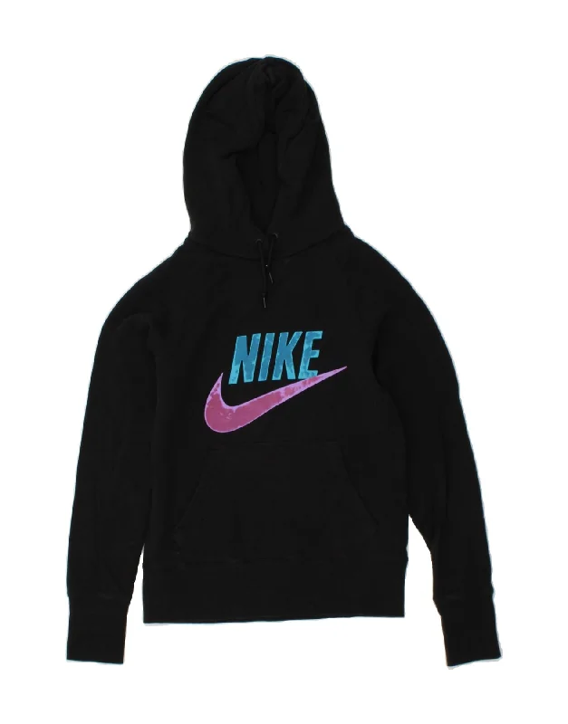 NIKE Womens Graphic Hoodie Jumper UK 14 Medium Black Cotton