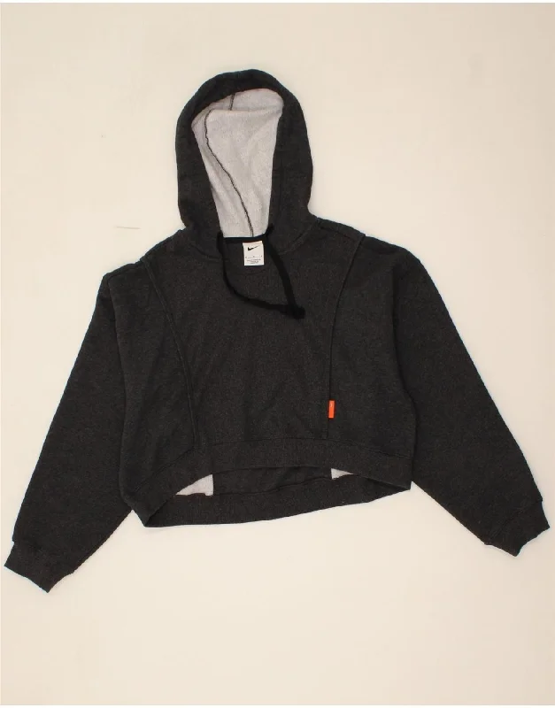 NIKE Womens Oversized Crop Hoodie Jumper UK 14 Medium Grey Cotton Hoodie Crop Top Short Trendy