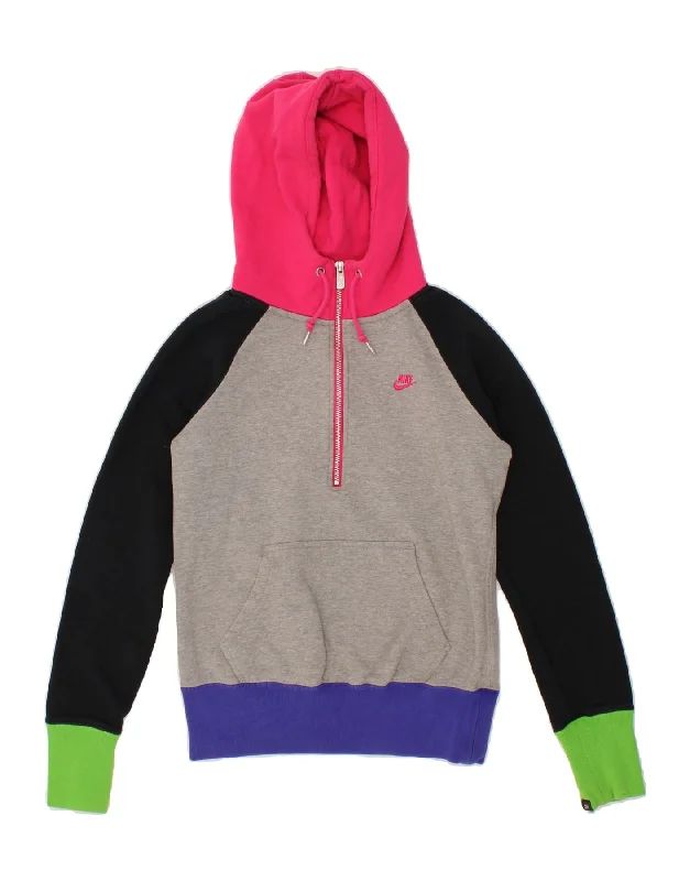 NIKE Womens Zip Neck Hoodie Jumper UK 10 Small Multicoloured Colourblock Hoodie with Set-In Sleeves Structured Classic