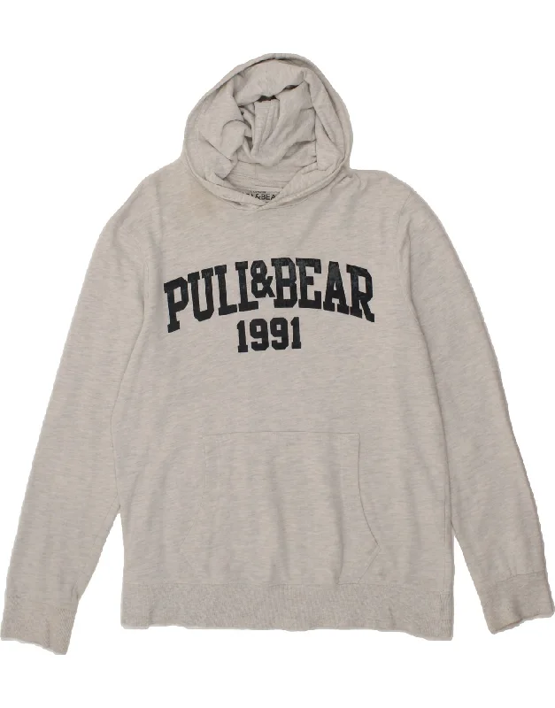 PULL & BEAR Mens Graphic Hoodie Jumper Medium Grey Cotton Hoodie with Bell Sleeves Flared Feminine