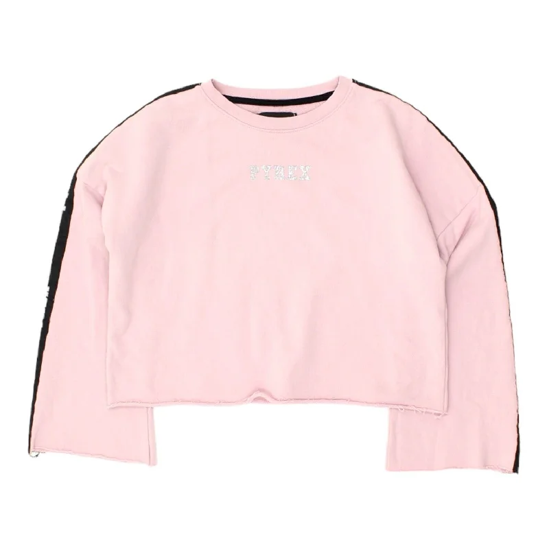 Pyrex Womens Pink Cropped Crew Neck Sweatshirt | Designer Streetwear Jumper VTG Hoodie with High-Low Hem Asymmetrical Trendy Pyrex Womens Pink Cropped Crew Neck Sweatshirt | Designer Streetwear Jumper VTG Hoodie with High-Low Hem Asymmetrical Trendy