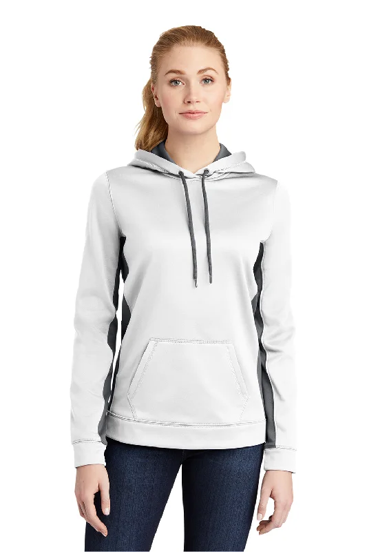 Sport-Tek Womens Sport-Wick Moisture Wicking Fleece Hooded Sweatshirt Hoodie - White/Dark Smoke Grey