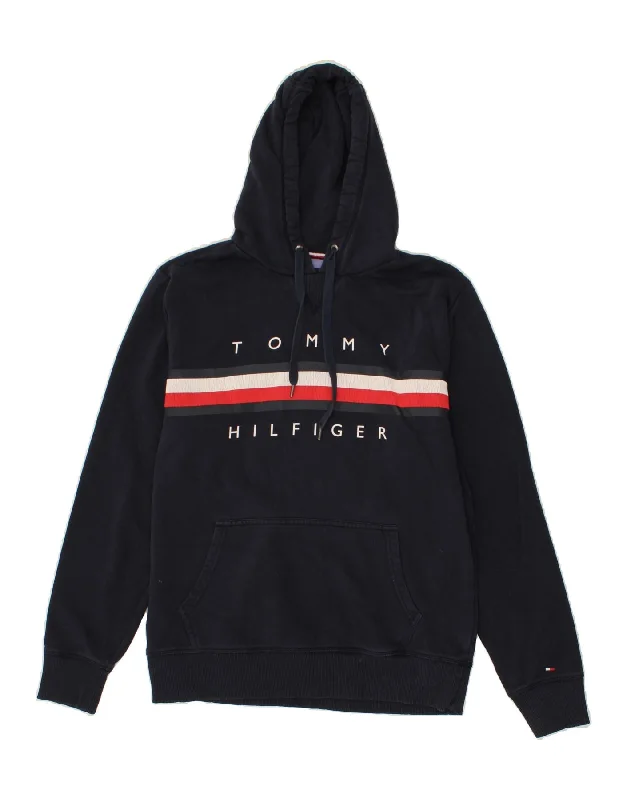 TOMMY HILFIGER Mens Graphic Hoodie Jumper Large Navy Blue Cotton Hoodie with Hem Raw Edge Edgy Unfinished TOMMY HILFIGER Mens Graphic Hoodie Jumper Large Navy Blue Cotton Hoodie with Hem Raw Edge Edgy Unfinished