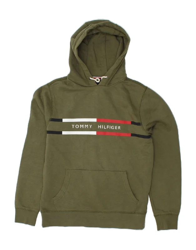 TOMMY HILFIGER Mens Graphic Hoodie Jumper Small Khaki Cotton