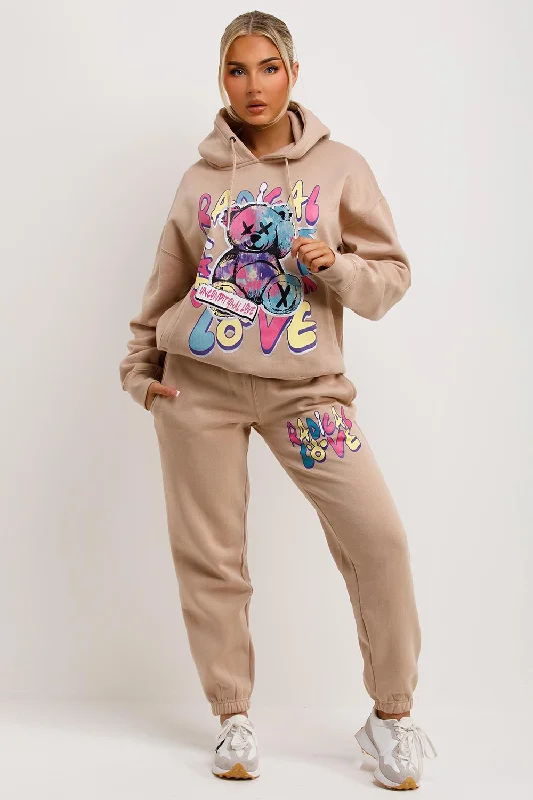 Tracksuit Hoodie Joggers Set With Radical Graphic Print Beige