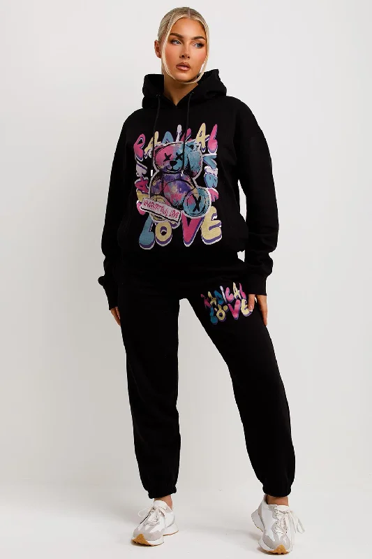 Tracksuit Hoodie Joggers Set With Radical Graphic Print Black