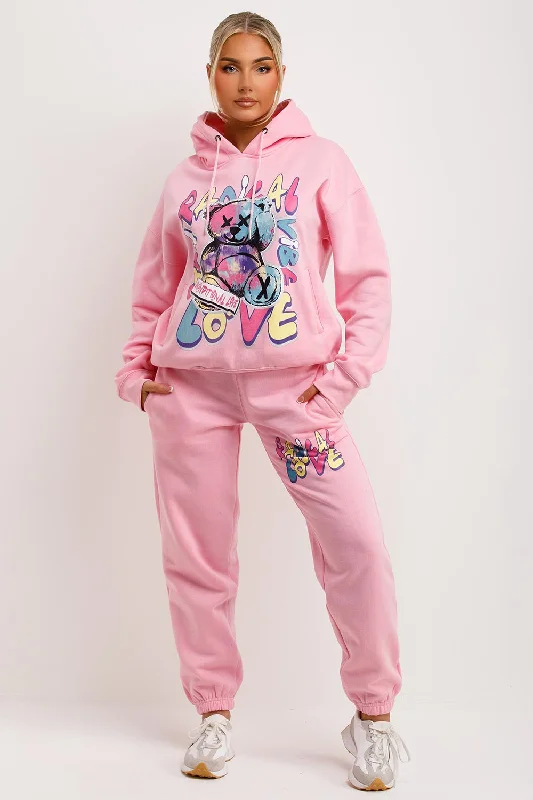 Tracksuit Hoodie Joggers Set With Radical Graphic Print Pink