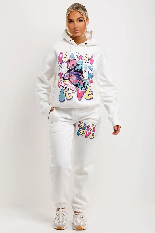 Tracksuit Hoodie Joggers Set With Radical Graphic Print White