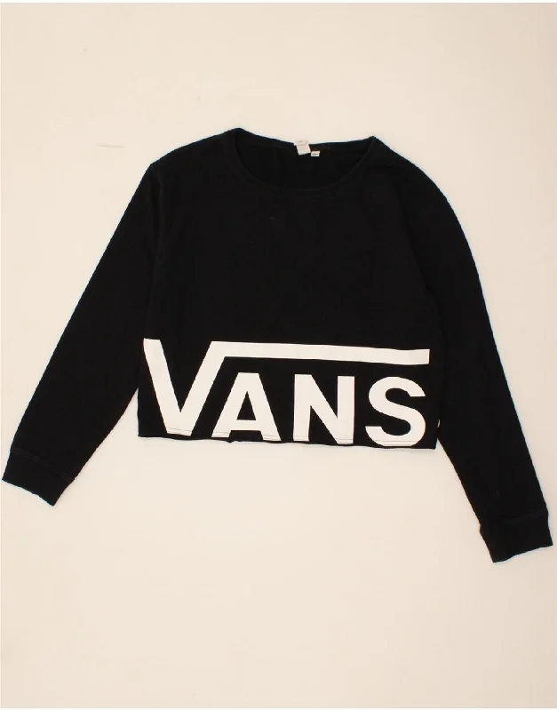 VANS Womens Graphic Crop Sweatshirt Jumper UK 16 Large Black Cotton Hoodie with Lace Feminine Delicate