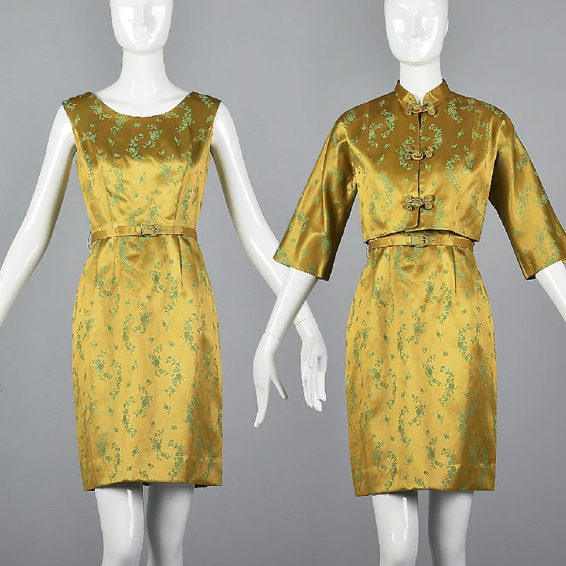 1960s Two Piece Dress  and Jacket Set in Mustard and Green Satin