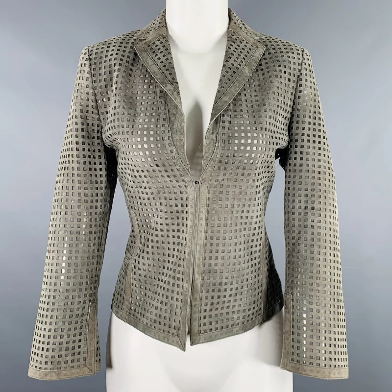 AKRIS Size 8 Grey Perforated Lamb Suede Eye Hook Jacket Blazer