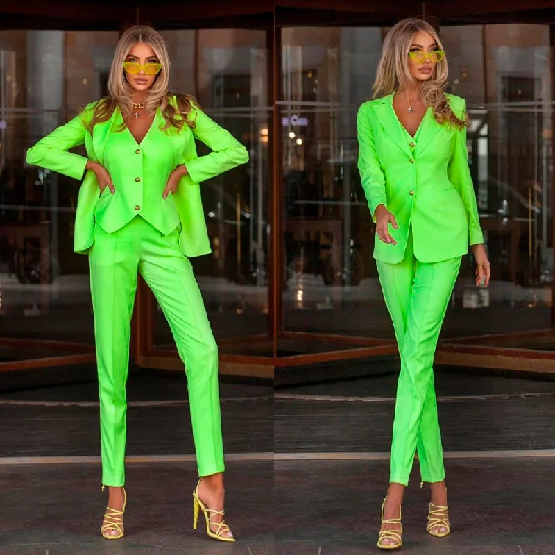 Bright Green Slim Women Pants Suits Ladies Prom Evening Guest Formal Wear Custom Made (Jacket+Vest+Pants)