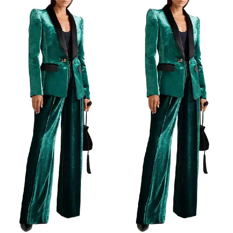 Bright Green Velvet Spring Women Pant Suits Sexy Leisure Wedding Wear Formal Trousers Waistcoat Jacket Blazer Suit