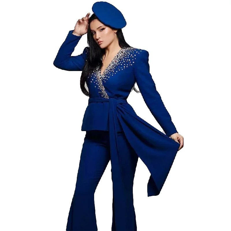 Crystal Rhinestone Mother Of The Bride Pant Suits Evening Party Outfit Women Tuxedos For Wedding (Jacket+Pants)