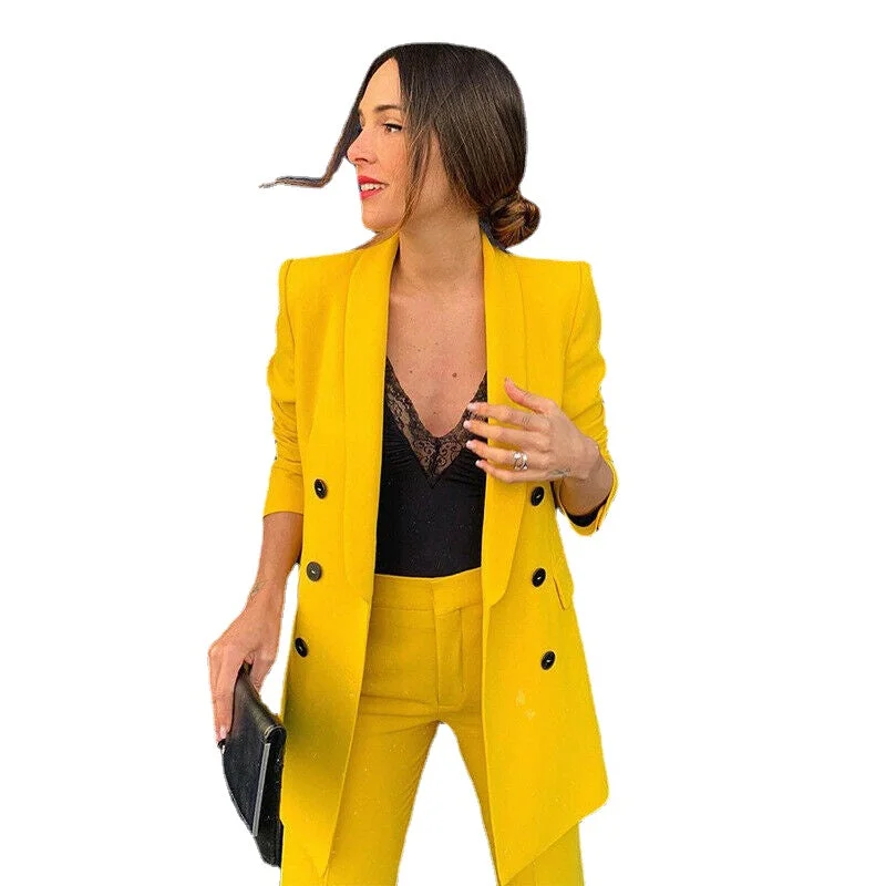 Custom Made Yellow Women Blazers Set Long Sleeve Office Lady Two Piece Suits Work Outfits Matching Set (Jacket+Pants)