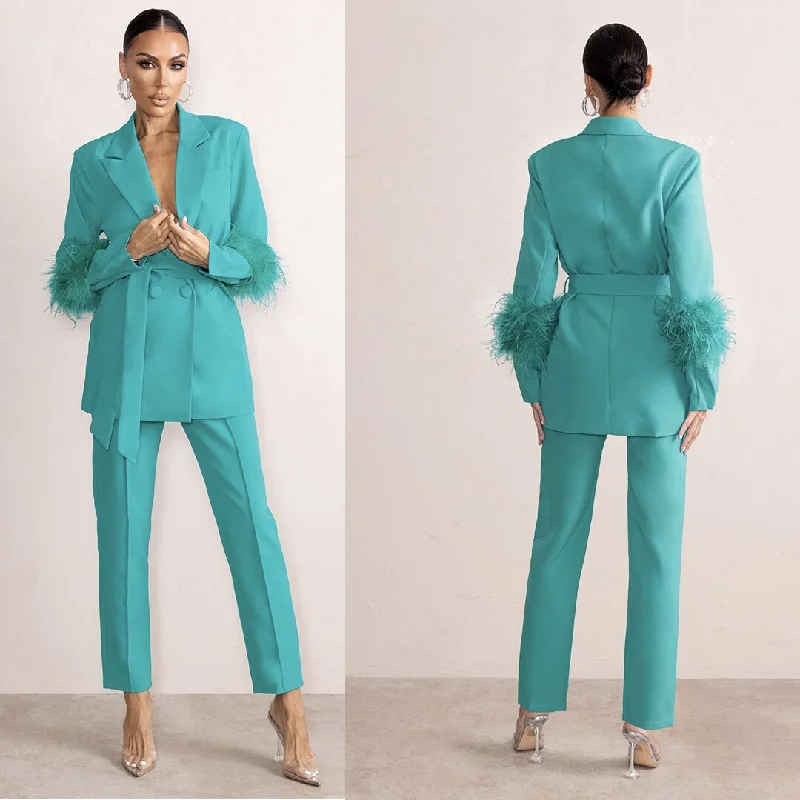 Customized Ostrich Feather Mother of the Bride Pants Suits Ladies Women Formal Evening Party Blazer Wear Jacket 2 Pieces