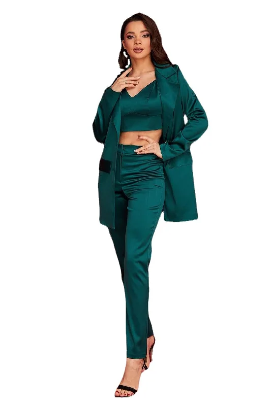 Dark Green Ladies Long Blazer Suits Women Business Wide Pants Suit Leisure Club Party Formal Outfit (Jacket+Pants)