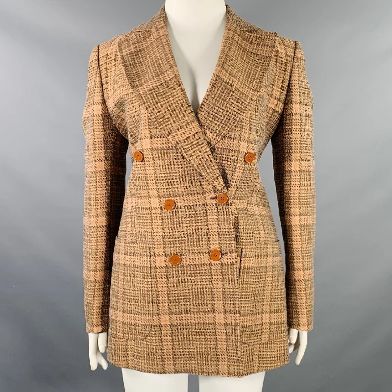 DRIES VAN NOTEN Size 10 Brown Rust Cotton Linen Blend Plaid Jacket Blazer