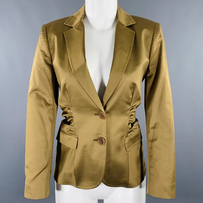 ETRO Size 8 Olive Cotton Blend Ruched Single Breasted Jacket Blazer