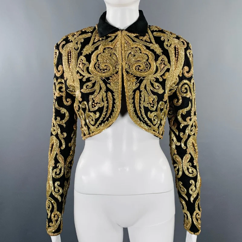 GENNY Size 8 Black Gold Taffeta Embroidered Bolero Jacket