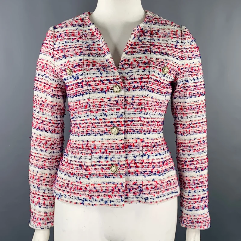 KARL LAGERFELD Size 10 White Red Blue Cotton Blend Boucle Jacket