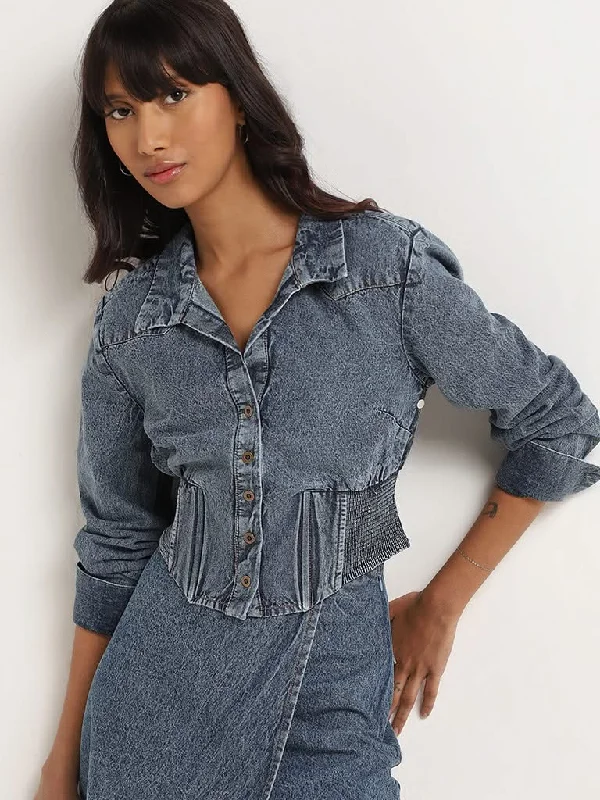 Nuon Light Blue Denim Fitted Crop Jacket