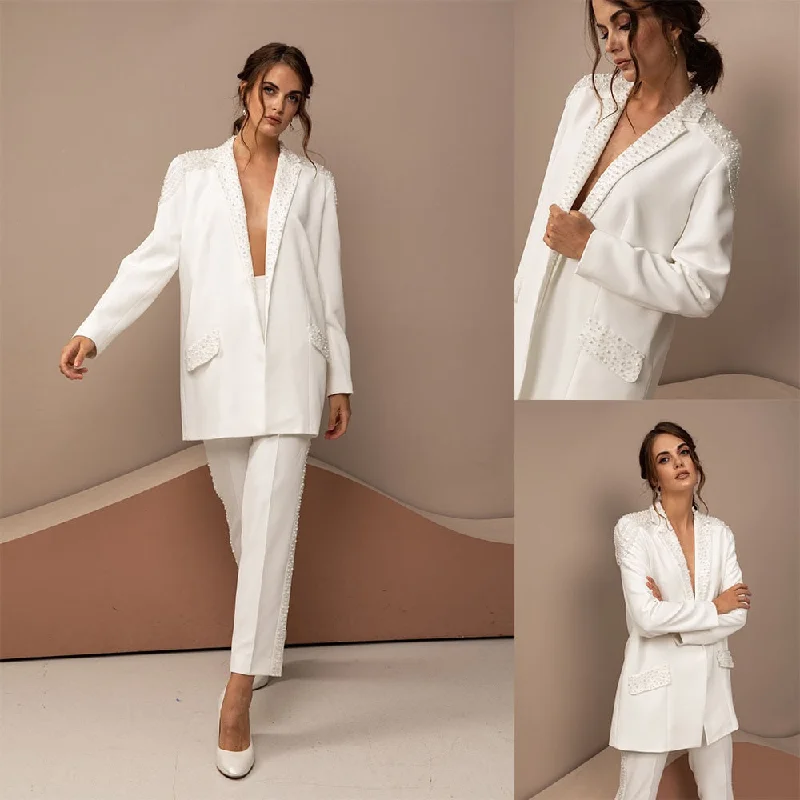 Pearls Beading Women Wedding Tuxedos Ivory Prom Evening Guest Formal Wear Custom Made Pants Suits (Jacket+Pants)