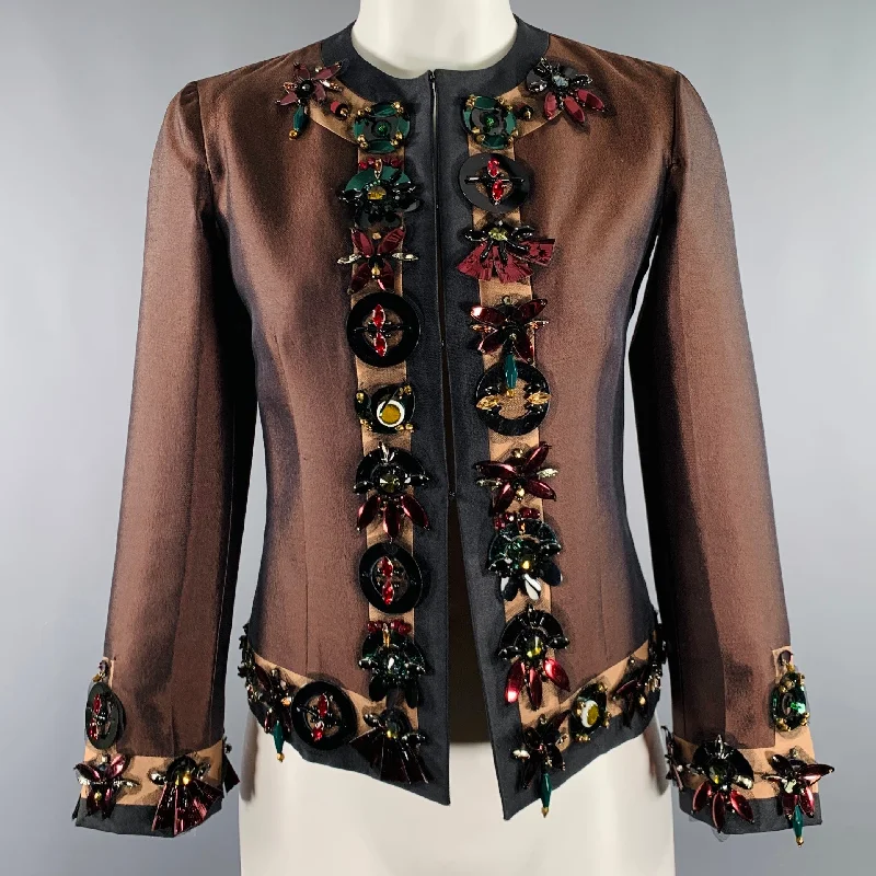 PRADA SS05 Size 2 Brown Black Wool Silk Embellishment Jacket Blazer