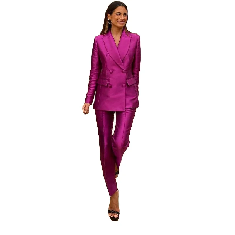 Spring Stain Women Wedding Tuxedos Double Breasted Mother of the Bride Pants Suits Prom Evening Party Outfit (Jacket+Pants)