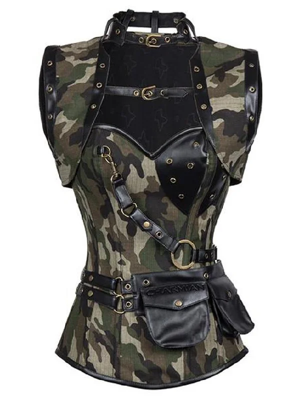 Steampunk Gothic Faux Leather Camouflage Steel Boned Corset Top with Jacket