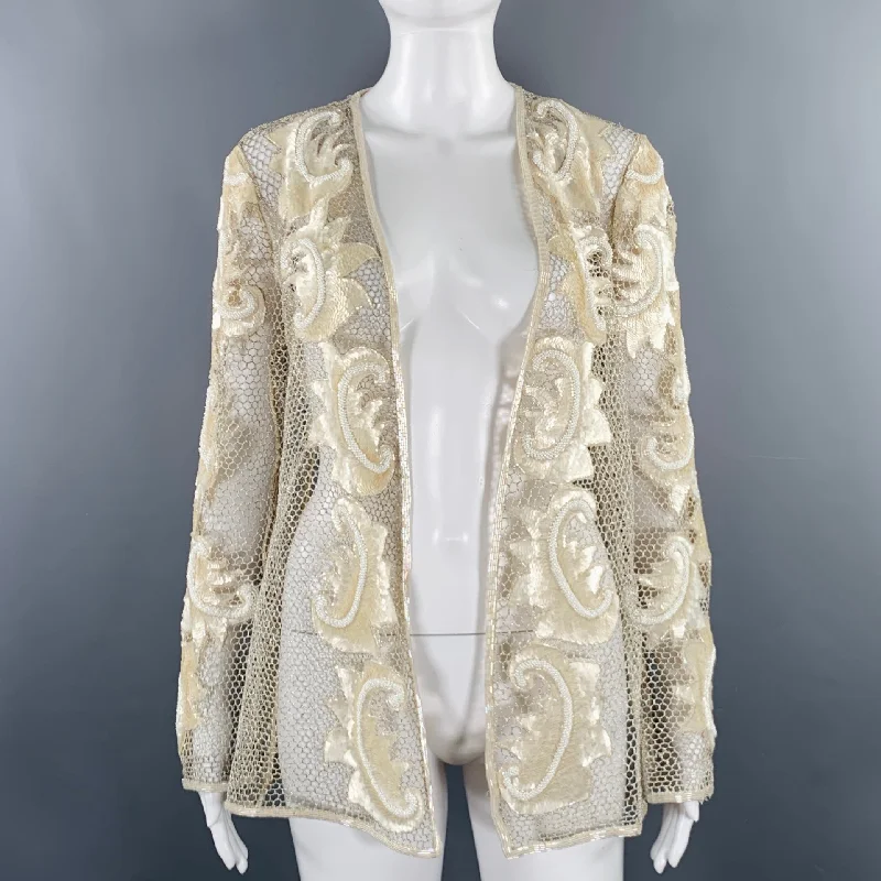 VINTAGE Size M Cream Silver Mesh Beaded Sequins Open Front Jacket