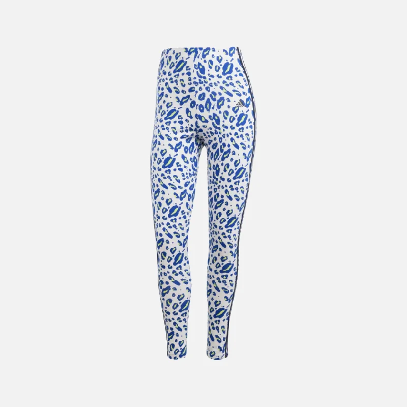 Adidas Essential 3 Stripes Animal Print Women Leggings -Crystal White/Pulse Lime/Semi Lucid Blue Comfortable Classic Yoga Leggings