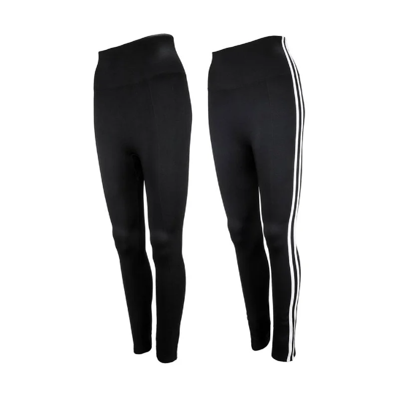 Ladies 2 Pack Printed Stripe Leggings in Black Trendy Fitness Leggings