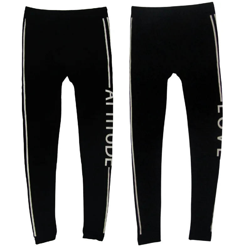 Ladies Active Fleece Leggings Brushed in Black With Wording Comfortable Slim Fit Leggings