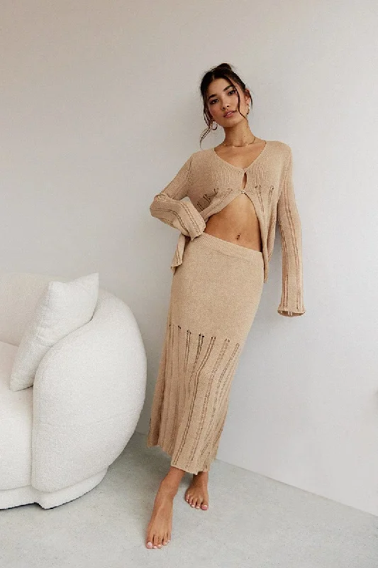 Beige Midi Skirt High Waisted A-line Ladder Knit chiffon skirt airy