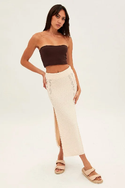 Beige Midi Skirt Knit Front Split chiffon skirt flowing