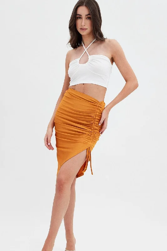 Beige Ruched Midi Skirt pencil skirt chic