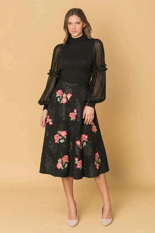 ROSE EMBROIDERY MIDI SKIRT velvet skirt plush