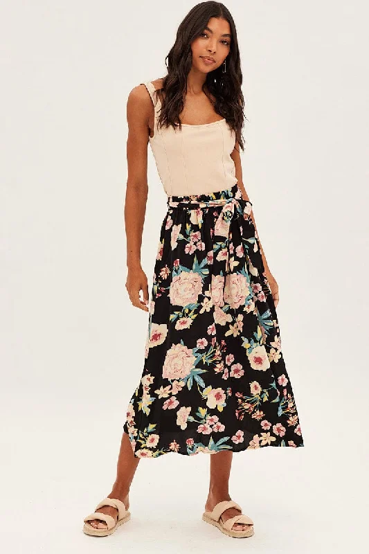 Black Floral High Waist Front Slit Floral Midi Skirt velvet skirt luxury