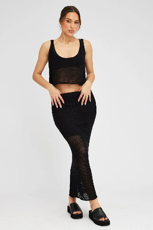 Black Knit Skirt Midi Crochet elastic waist skirt