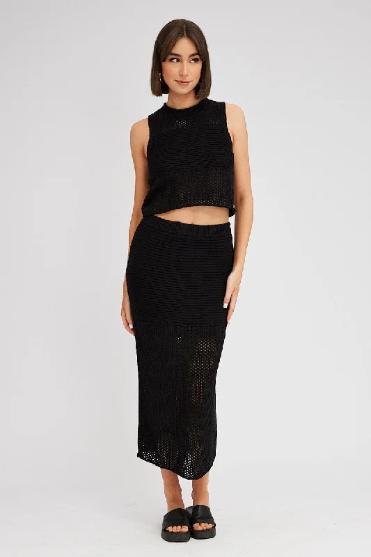 Black Knit Skirt Midi Crochet high slit skirt