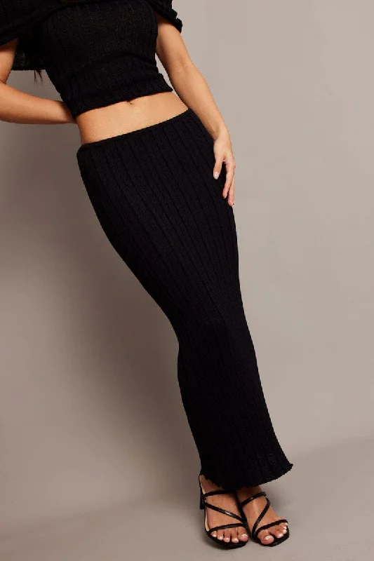 Black Knit Skirt Midi High Rise Relaxed Fit seamless skirt comfort