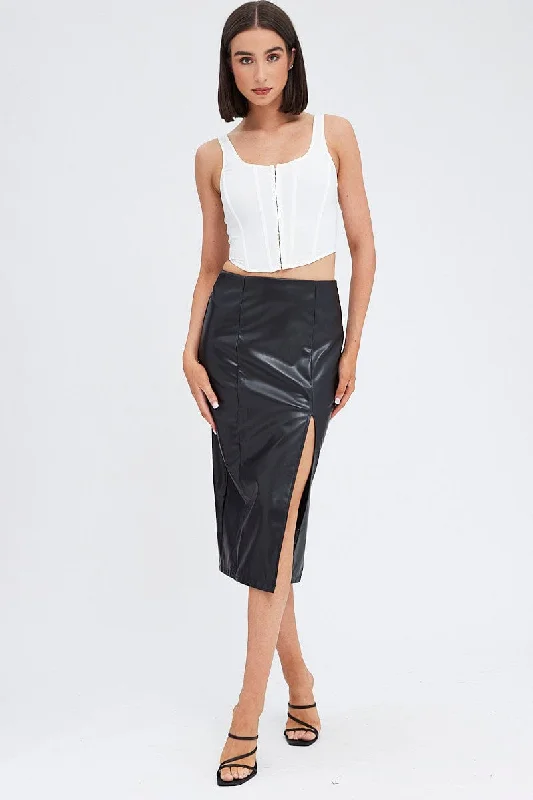 Black Midi Skirt Front Split Faux Leather chiffon skirt airy