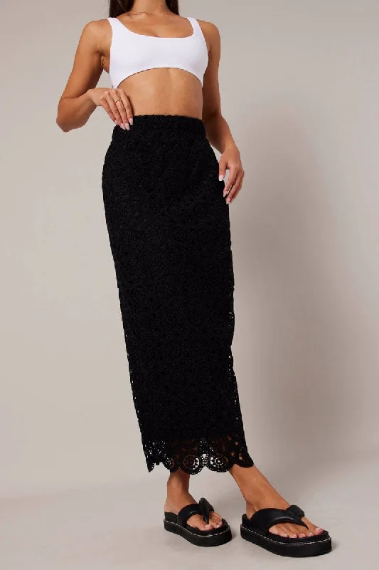 Black Midi Skirt High Rise Lace corduroy skirt cozy
