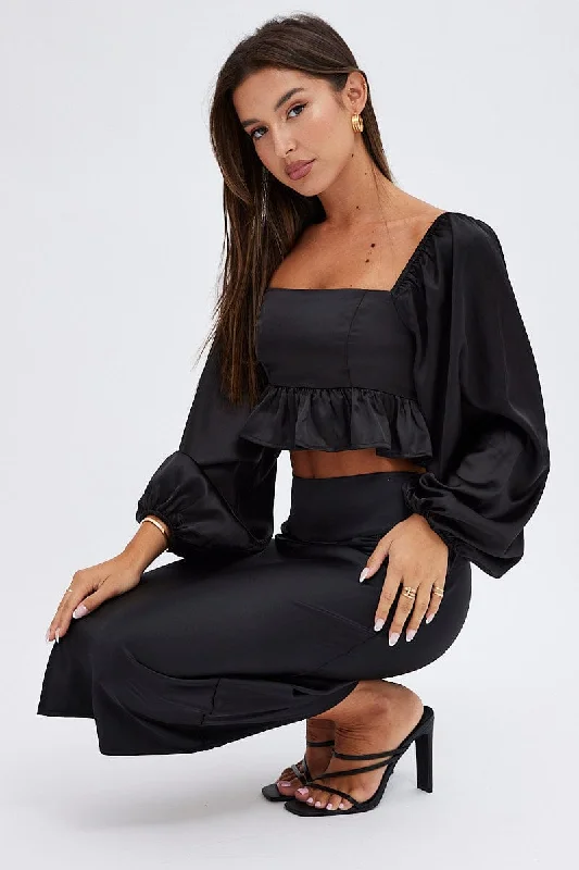 Black Midi Skirt High Waisted Satin Bias Cut spandex blend skirt