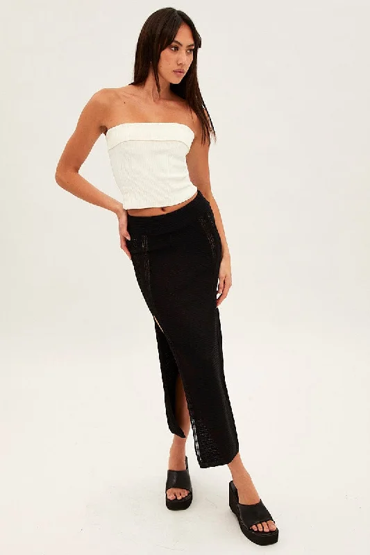 Black Midi Skirt Knit Front Split lace skirt feminine