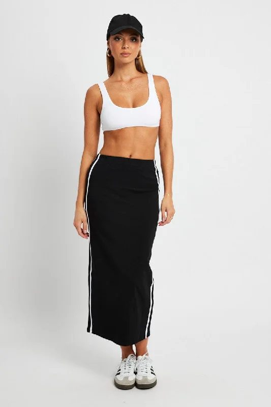 Black Midi Skirt Side Stripe leather skirt bold