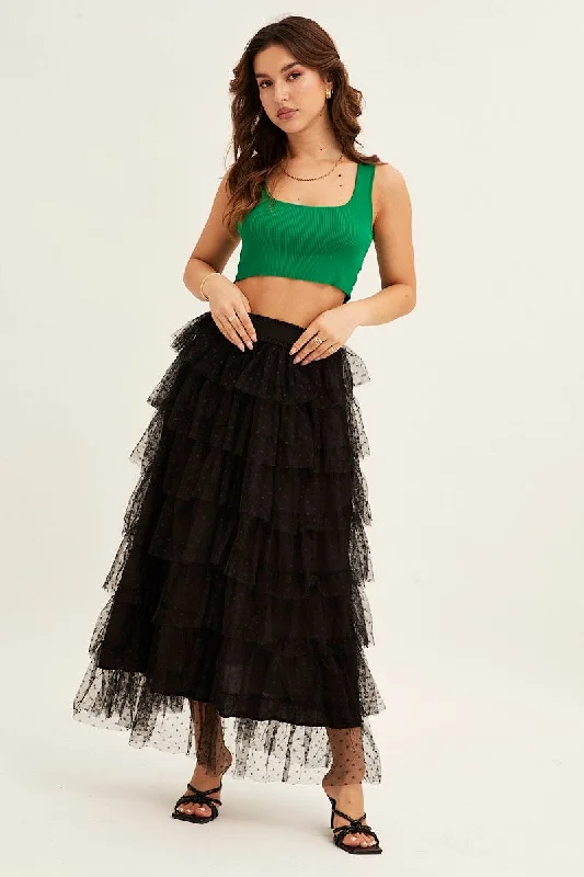 Black Midi Skirt Tulle Elastic Waist Mesh wool skirt sturdy