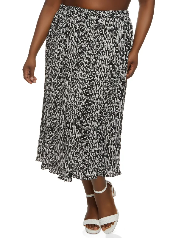 Plus Size Printed Plisse Maxi Skirt chiffon skirt airy